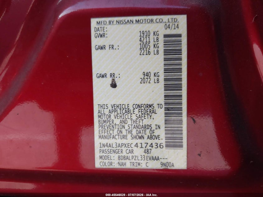 2014 Nissan Altima VIN 1N4AL3APXEC417436 IAAI salvage auction — RIGHT REAR, Salvage (California), sold $700 on 2026-07-20 (photo 9)