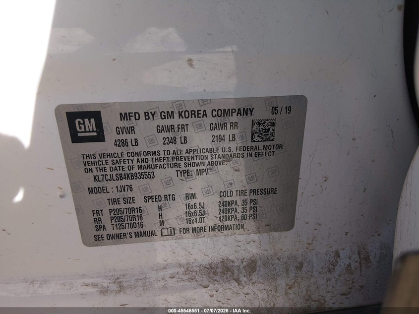 2019 Chevrolet Trax VIN KL7CJLSB4KB935553 IAAI salvage auction — SIDE, Salvage Title, sold $525 on 2026-07-29 (photo 9)