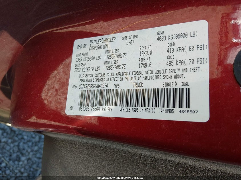 2007 Dodge Ram 2500 VIN 3D7KS28A57G843974 IAAI salvage auction — LEFT REAR, Salvage (Oregon), sold $13,100 on 2026-08-31 (photo 9)