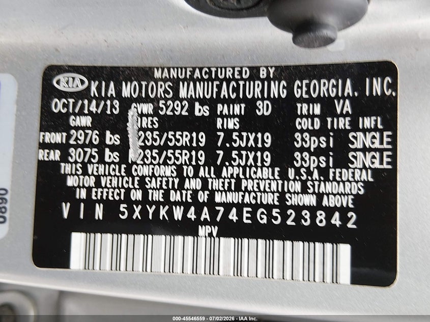 2014 Kia Sorento VIN 5XYKW4A74EG523842 IAAI salvage auction — NORMAL WEAR, Clear (Washington), sold $1,750 on 2026-07-29 (photo 9)