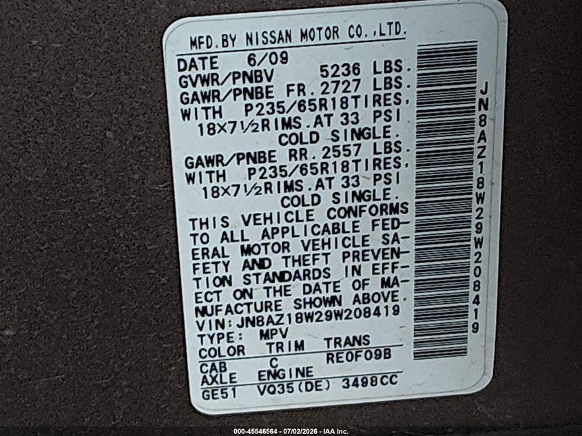 2009 Nissan Murano VIN JN8AZ18W29W208419 IAAI salvage auction — SIDE, Salvage (Arizona), sold $225 on 2026-07-28 (photo 9)