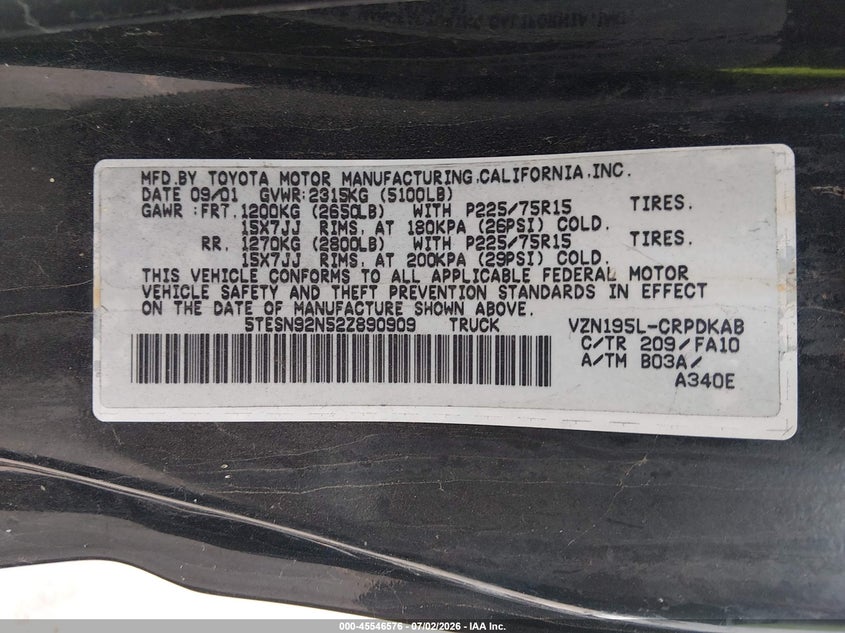2002 Toyota Tacoma VIN 5TESN92N52Z890909 IAAI salvage auction — ROLLOVER, Non-Repairable (California), sold $900 on 2026-07-20 (photo 9)