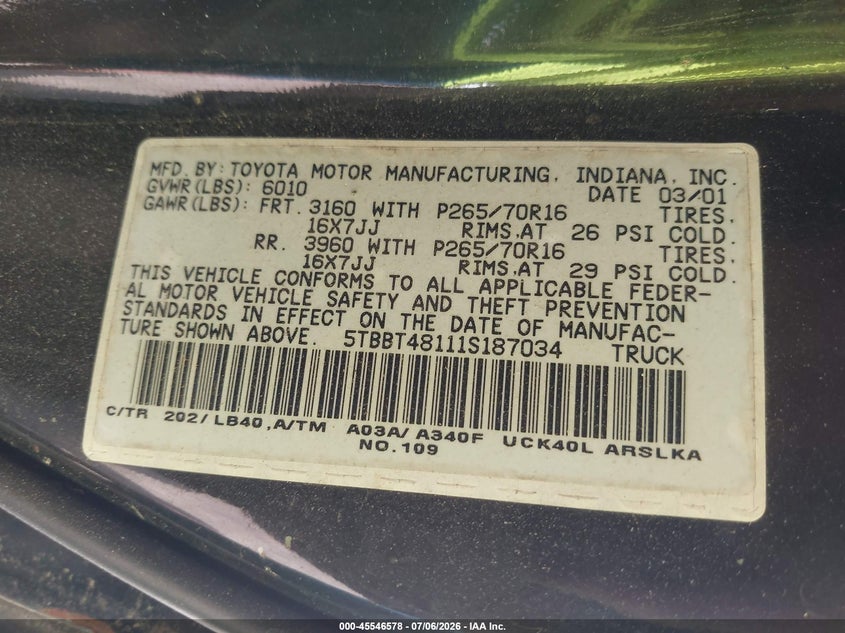 2001 Toyota Tundra VIN 5TBBT48111S187034 IAAI salvage auction — NORMAL WEAR, Clear (Georgia), sold $1,375 on 2026-07-09 (photo 9)