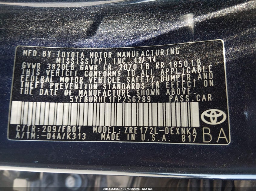 2015 Toyota Corolla VIN 5YFBURHE1FP256289 IAAI salvage auction — FRONT END, Salvage (Nevada), sold $1,650 on 2026-07-24 (photo 9)