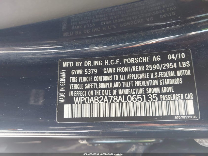 2010 Porsche Panamera VIN WP0AB2A78AL065135 IAAI salvage auction — REAR END, Salvage (Ohio), sold $2,950 on 2026-07-31 (photo 9)
