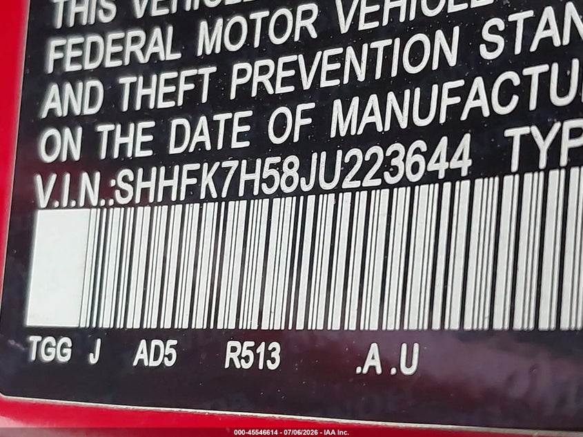 2018 Honda Civic VIN SHHFK7H58JU223644 IAAI salvage auction — LEFT SIDE, Salvage Title, sold $3,250 on 2026-07-24 (photo 9)