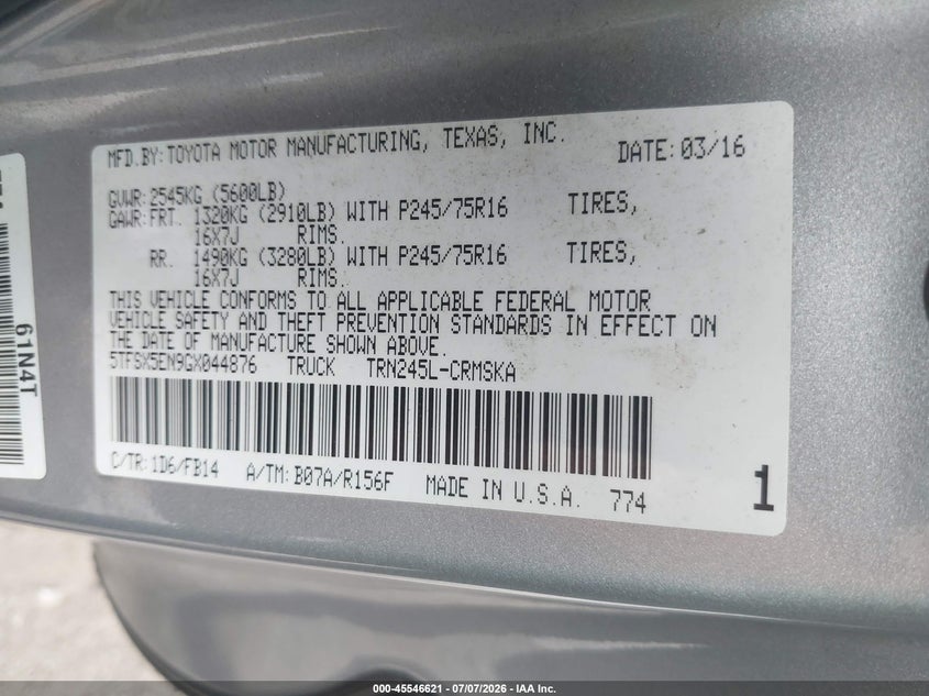 2016 Toyota Tacoma VIN 5TFSX5EN9GX044876 IAAI salvage auction — REAR END, Salvage (Virginia), sold $6,800 on 2026-07-19 (photo 9)