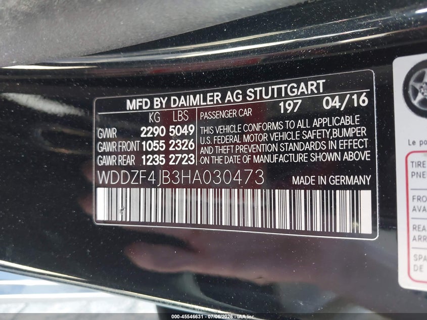 2017 Mercedes-benz E-klasse VIN WDDZF4JB3HA030473 IAAI salvage auction — FRONT END, Salvage Title, sold $5,200 on 2026-07-22 (photo 9)