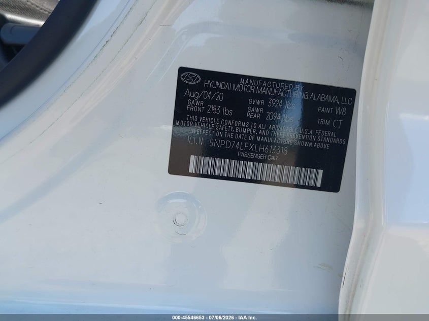 2020 Hyundai Elantra VIN 5NPD74LFXLH613318 IAAI salvage auction — NORMAL WEAR, SF97 (California), sold $10,950 on 2026-08-25 (photo 9)