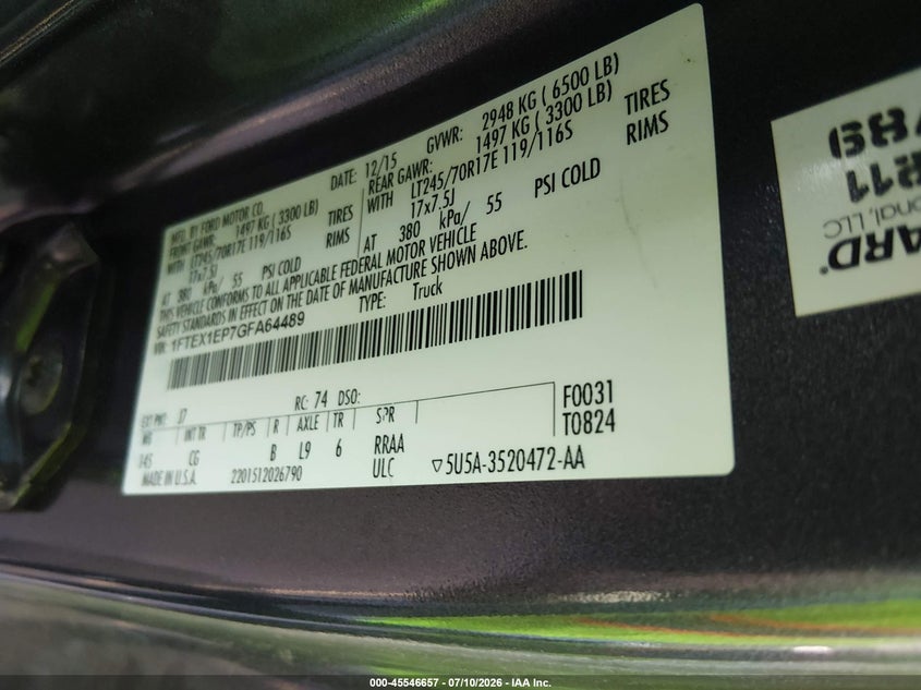 2016 Ford F-150 VIN 1FTEX1EP7GFA64489 IAAI salvage auction — NORMAL WEAR, Clear (Colorado), sold $4,700 on 2026-07-26 (photo 9)