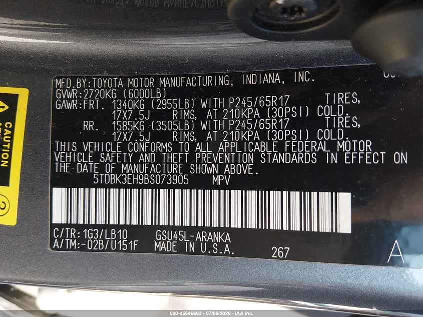 2011 Toyota Highlander VIN 5TDBK3EH9BS073905 IAAI salvage auction — FRONT END, Bill Of Sale (Washington), sold $3,450 on 2026-07-22 (photo 9)