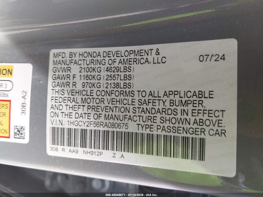 2024 Honda Accord VIN 1HGCY2F56RA080675 IAAI salvage auction — FRONT END, Wait Title, sold $9,700 on 2026-08-26 (photo 9)