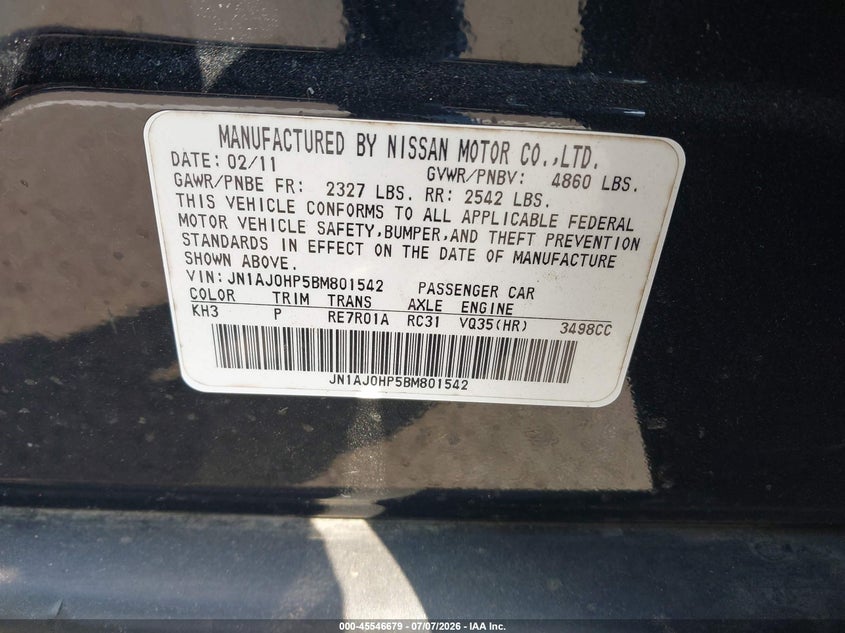 2011 Infiniti Ex35 VIN JN1AJ0HP5BM801542 IAAI salvage auction — NORMAL WEAR, Clear (Tennessee), sold $25 on 2026-07-28 (photo 9)
