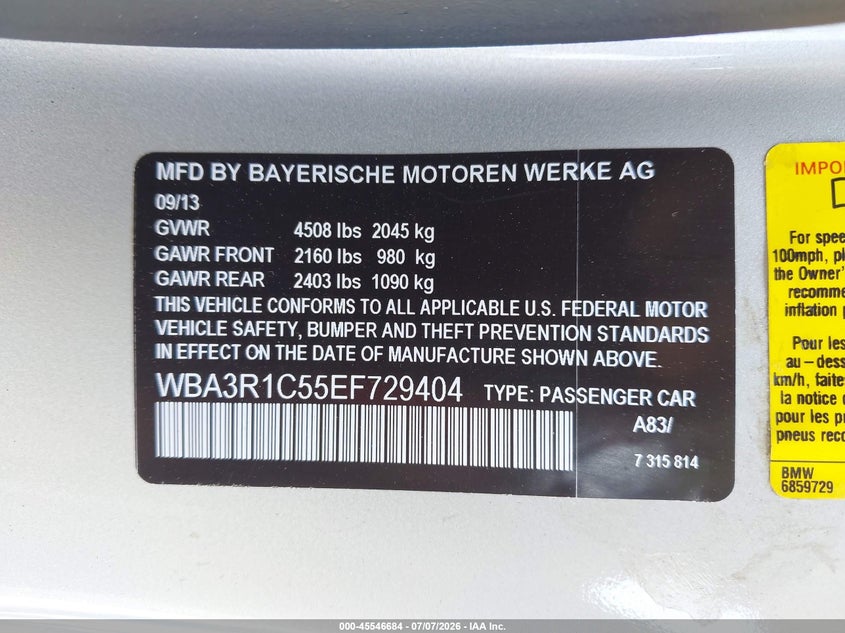 2014 BMW 4er VIN WBA3R1C55EF729404 IAAI salvage auction — FRONT END, Salvage (California), sold $2,775 on 2026-07-29 (photo 9)