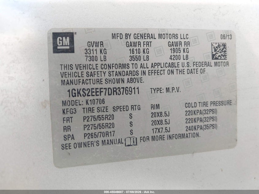 2013 Gmc Yukon VIN 1GKS2EEF7DR376911 IAAI salvage auction — NORMAL WEAR, Original (Texas), sold $950 on 2026-09-03 (photo 9)