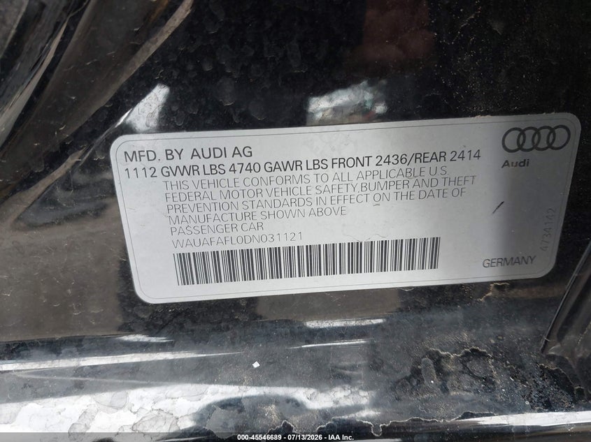2013 Audi A4 VIN WAUAFAFL0DN031121 IAAI salvage auction — LEFT FRONT, Salvage (Arizona), sold $200 on 2026-07-28 (photo 9)