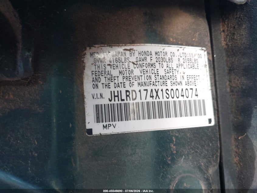 2001 Honda Cr-v VIN JHLRD174X1S004074 IAAI salvage auction — REAR END, Salvage, sold $500 on 2026-07-28 (photo 9)