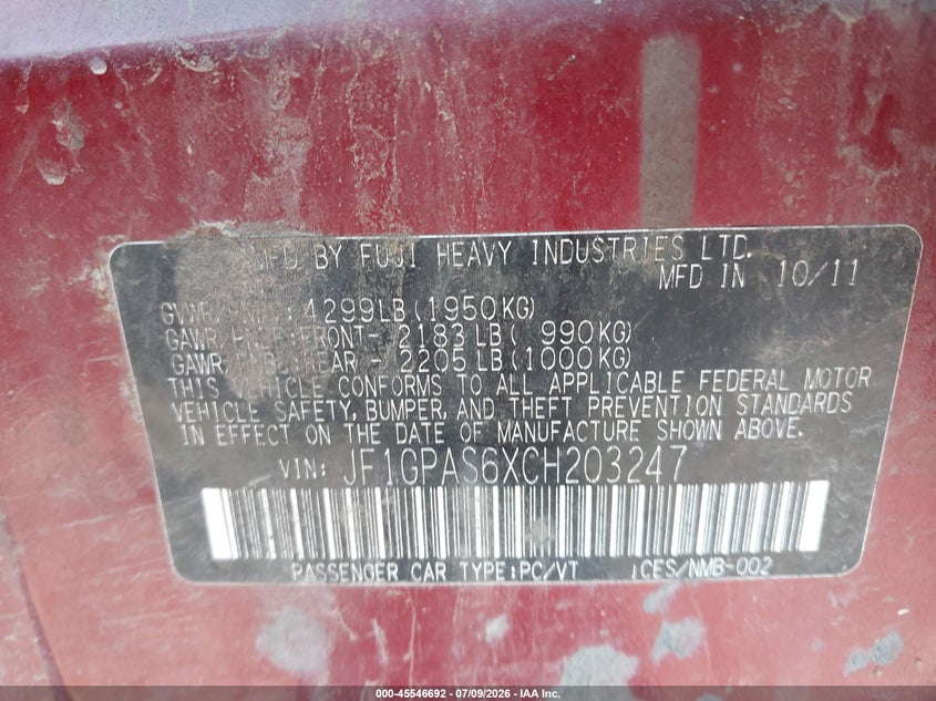 2012 Subaru Impreza VIN JF1GPAS6XCH203247 IAAI salvage auction — NORMAL WEAR, Clear (New York), sold $375 on 2026-07-30 (photo 9)