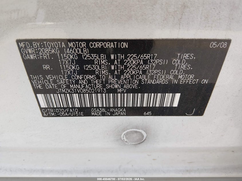 2008 Toyota Rav4 VIN JTMZK31V085021913 IAAI salvage auction — NORMAL WEAR, Clear (Texas), sold $1,225 on 2026-07-30 (photo 9)