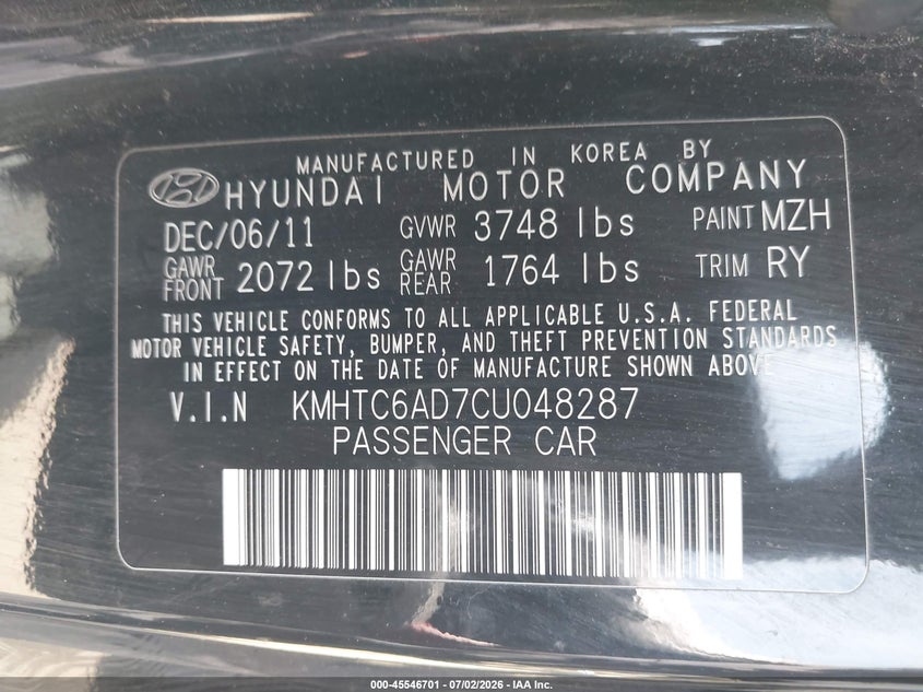 2012 Hyundai Veloster VIN KMHTC6AD7CU048287 IAAI salvage auction — NORMAL WEAR, Clear-Dealer Only (Alaska), sold $550 on 2026-07-15 (photo 9)