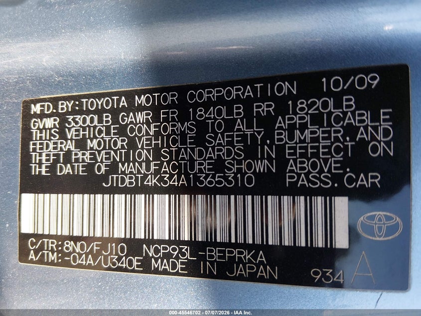 2010 Toyota Yaris VIN JTDBT4K34A1365310 IAAI salvage auction — FRONT END, Clear - Dealer Only (California), sold $2,075 on 2026-07-14 (photo 9)