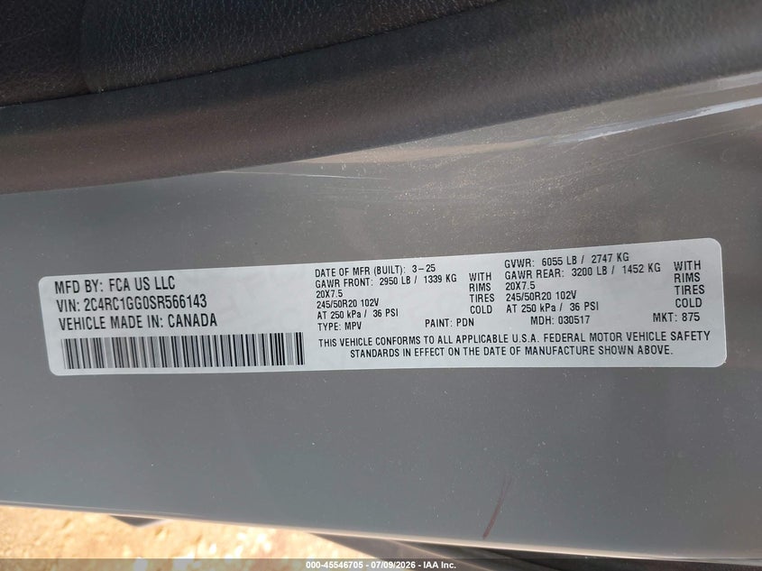 2025 Chrysler Pacifica VIN 2C4RC1GG0SR566143 IAAI salvage auction — HAIL, Enterprise Vehicles Clear Only (Georgia), sold $17,800 on 2026-09-02 (photo 9)