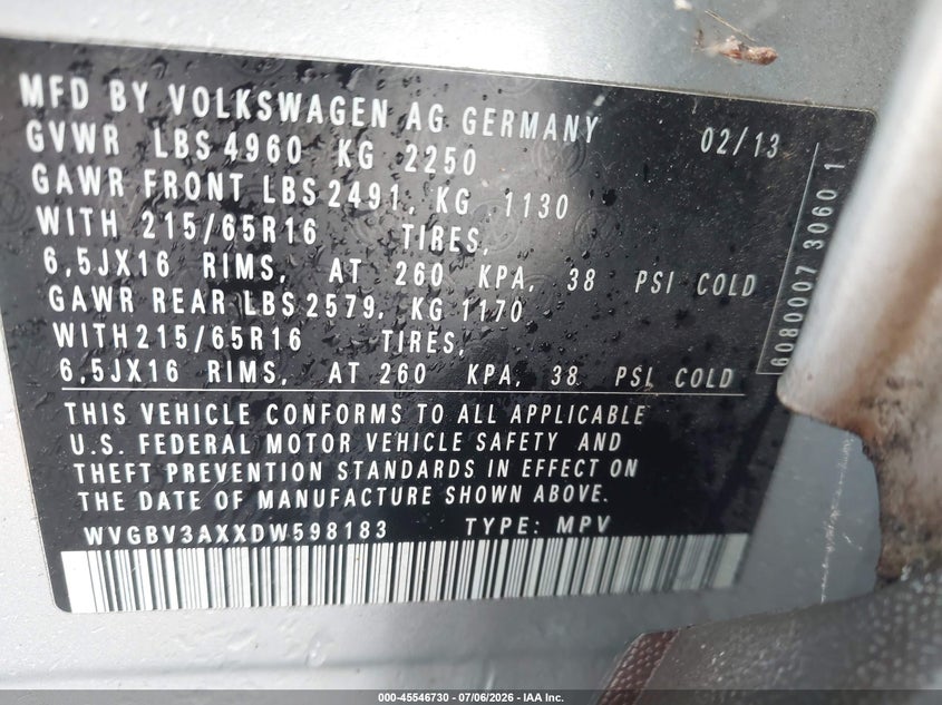 2013 Volkswagen Tiguan VIN WVGBV3AXXDW598183 IAAI salvage auction — NORMAL WEAR, Clear (Georgia), sold $375 on 2026-07-29 (photo 9)