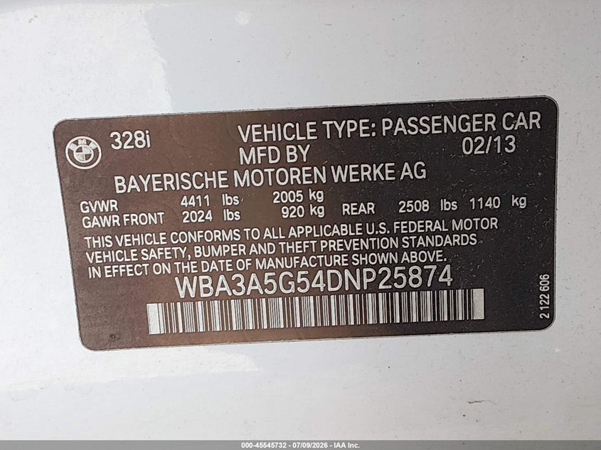 2013 BMW 3er VIN WBA3A5G54DNP25874 IAAI salvage auction — BIOHAZARD/CHEMICAL, Salvage Title, sold $250 on 2026-08-19 (photo 9)