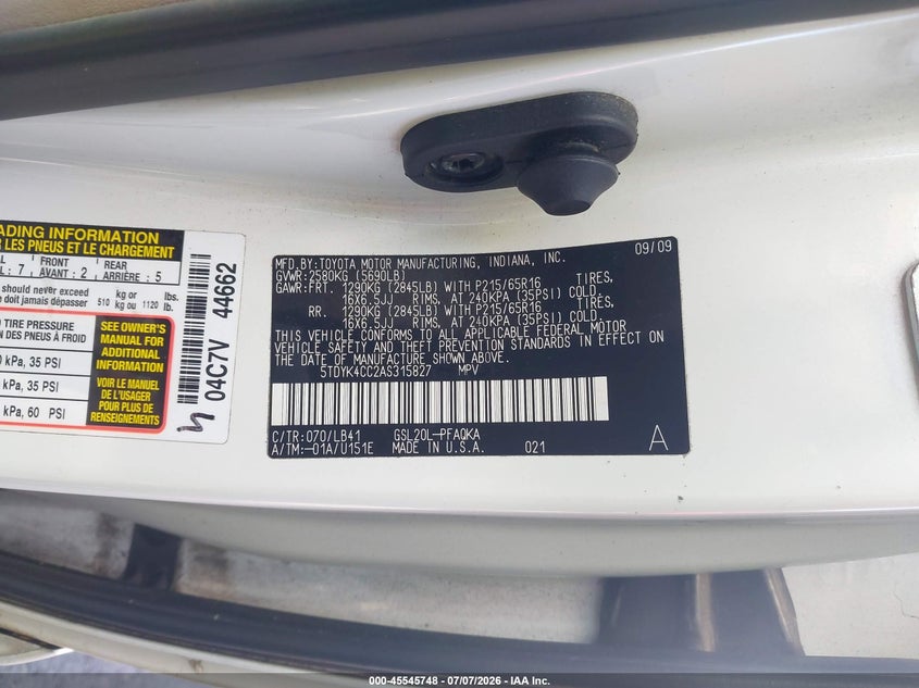 2010 Toyota Sienna VIN 5TDYK4CC2AS315827 IAAI salvage auction — NORMAL WEAR, Clear (Georgia), sold $1,050 on 2026-07-15 (photo 9)