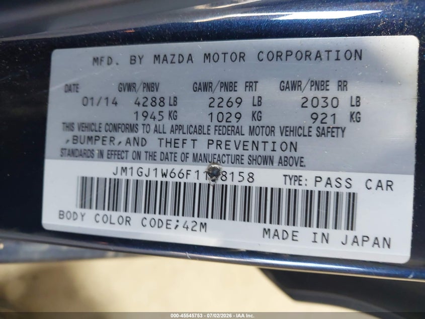 2015 Mazda 6 VIN JM1GJ1W66F1168158 IAAI salvage auction — NORMAL WEAR, Clear (North Carolina), sold $450 on 2026-07-30 (photo 9)