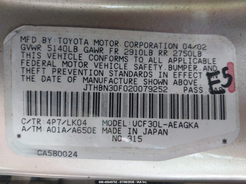 2002 Lexus Ls 430 VIN JTHBN30F020079252 IAAI salvage auction — FRONT & REAR, Clear (Virginia), sold $300 on 2026-07-28 (photo 9)