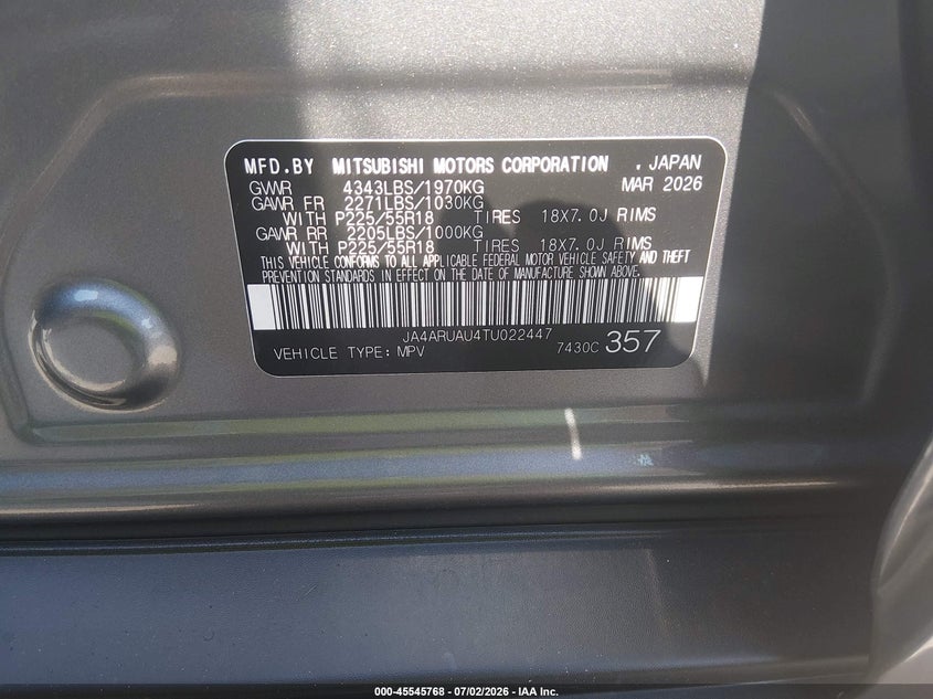 2026 Mitsubishi Outlander VIN JA4ARUAU4TU022447 IAAI salvage auction — RIGHT FRONT, Enterprise Vehicles Clear Only (Mississippi), sold $2,300 on 2026-07-08 (photo 9)