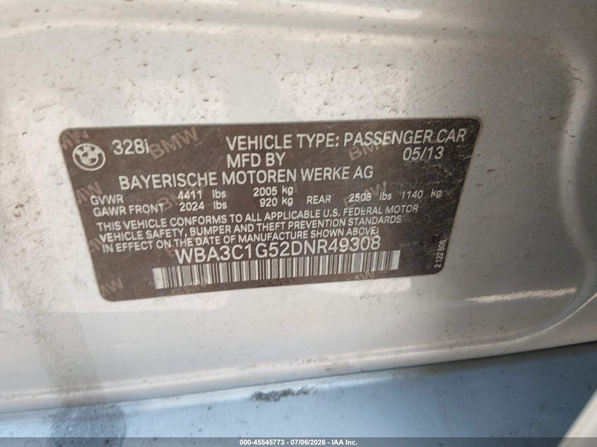 2013 BMW 3 series VIN WBA3C1G52DNR49308 IAAI salvage auction — NORMAL WEAR, Original (Texas), sold $1,050 on 2026-08-01 (photo 9)