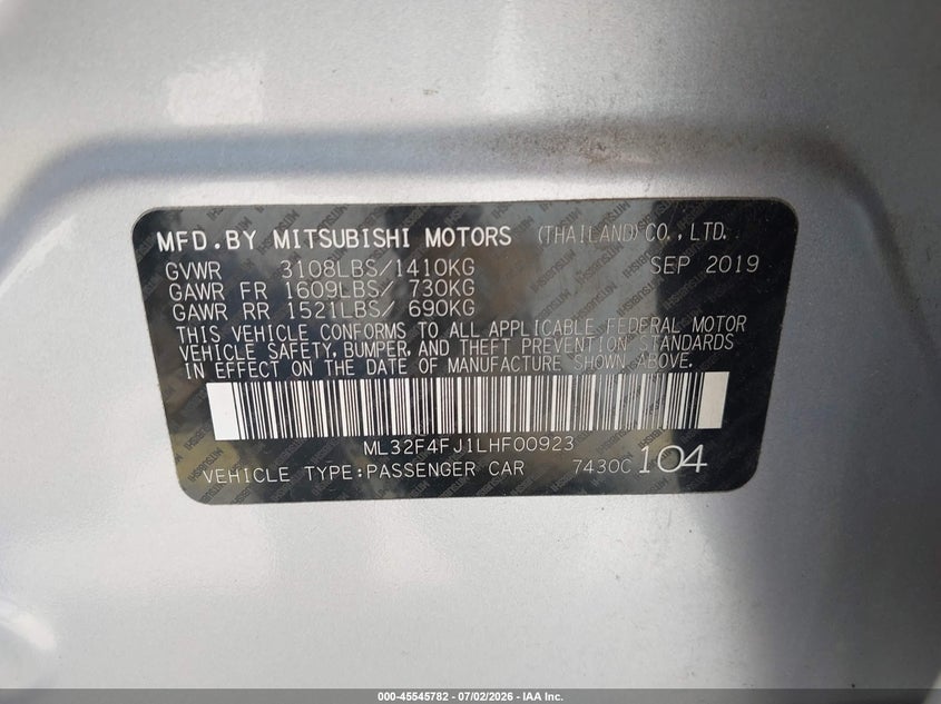2020 Mitsubishi Mirage VIN ML32F4FJ1LHF00923 IAAI salvage auction — LEFT REAR, Salvage Title, sold $2,050 on 2026-08-24 (photo 9)
