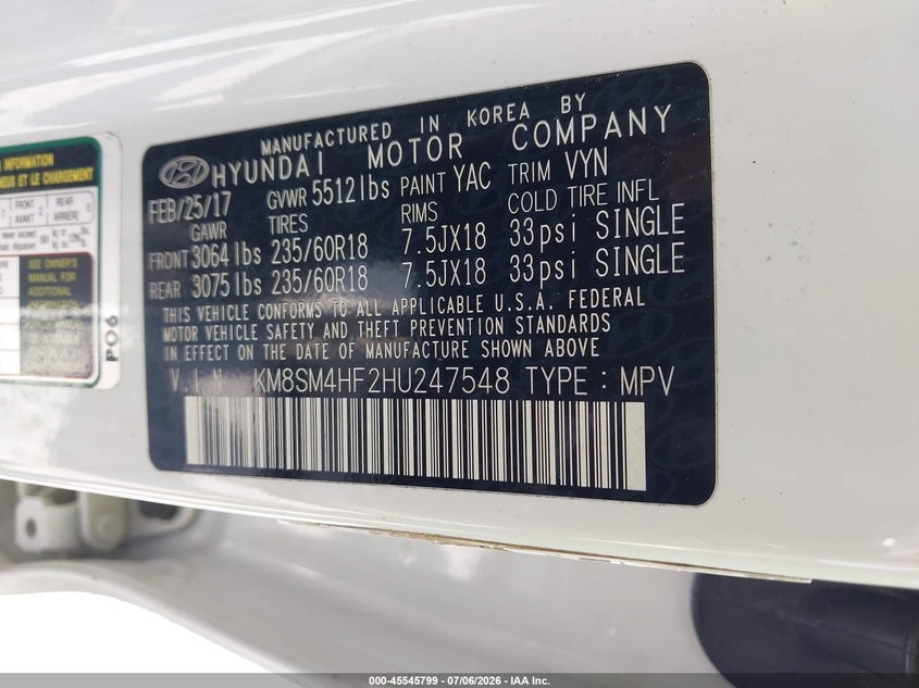 2017 Hyundai Santa fe VIN KM8SM4HF2HU247548 IAAI salvage auction — FRONT END, Salvage (Alabama), sold $25 on 2026-07-23 (photo 9)