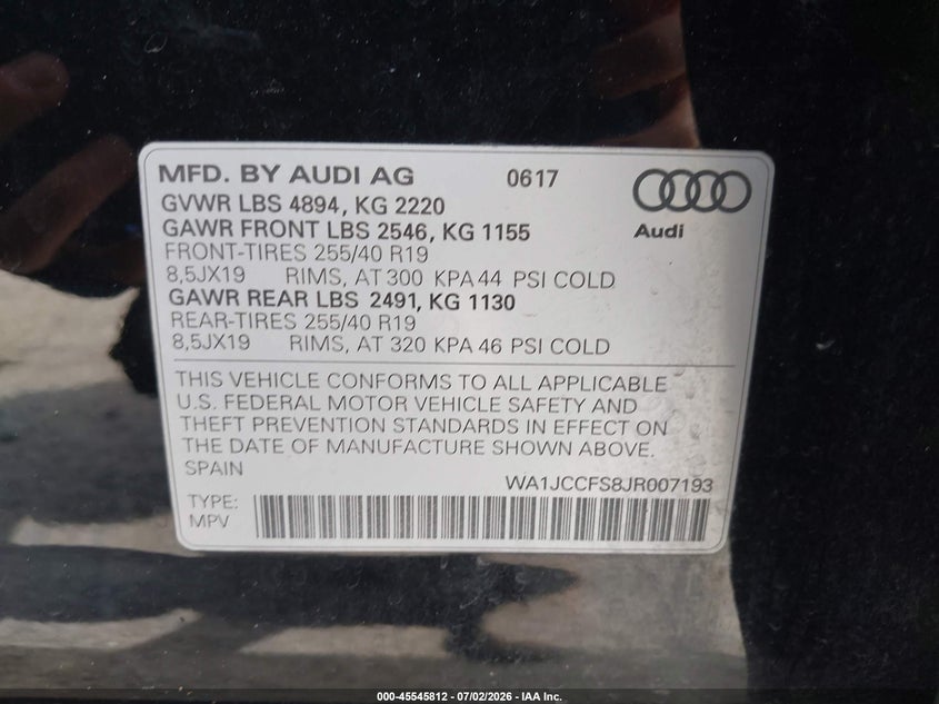 2018 Audi Q3 VIN WA1JCCFS8JR007193 IAAI salvage auction — LEFT SIDE, Salvage Title, sold $6,100 on 2026-07-29 (photo 9)
