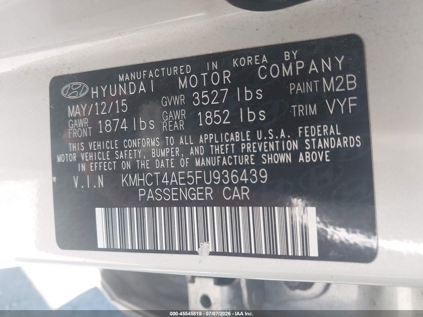 2015 Hyundai Accent VIN KMHCT4AE5FU936439 IAAI salvage auction — SIDE, Salvage Certificate (California), sold $875 on 2026-07-10 (photo 9)