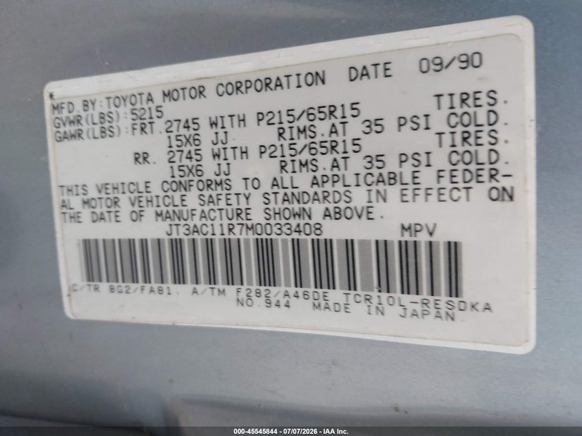 1991 Toyota PREVIA VIN JT3AC11R7M0033408 IAAI salvage auction — REAR END, Salvage (Ohio), sold $700 on 2026-07-26 (photo 9)
