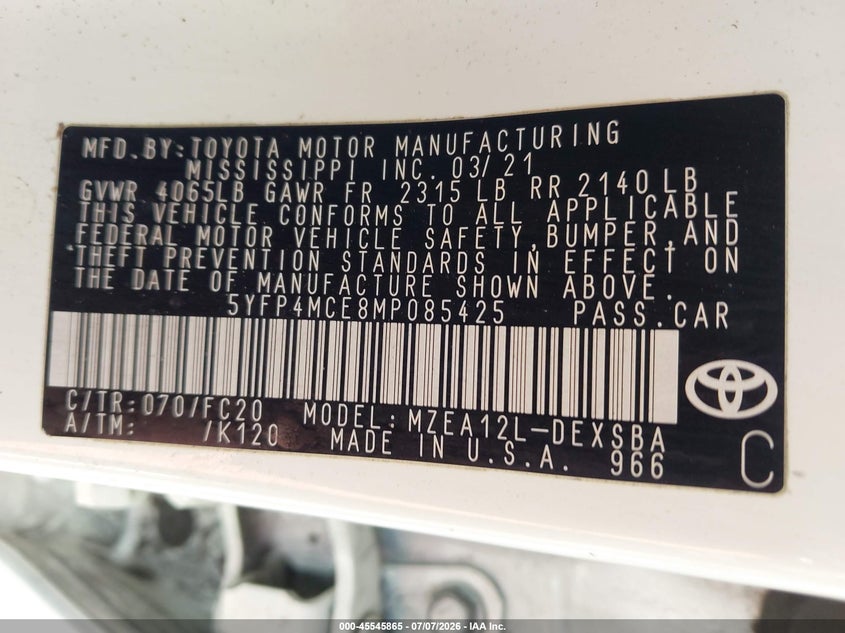 2021 Toyota Corolla VIN 5YFP4MCE8MP085425 IAAI salvage auction — FRONT & REAR, Salvage Title, sold $7,200 on 2026-07-28 (photo 9)
