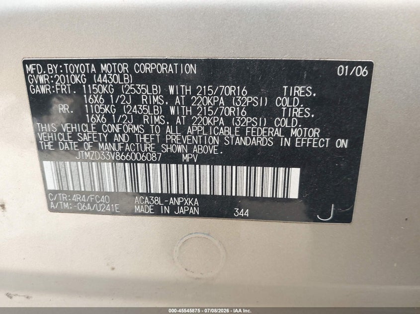 2006 Toyota Rav 4 VIN JTMZD33V866006087 IAAI salvage auction — NORMAL WEAR, Original (Texas), sold $875 on 2026-07-29 (photo 9)