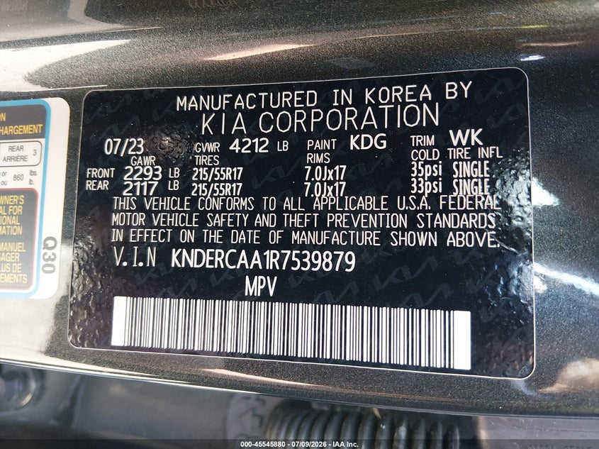 2024 Kia Seltos VIN KNDERCAA1R7539879 IAAI salvage auction — FRONT END, Bill Of Sale (Washington), sold $7,700 on 2026-07-29 (photo 9)