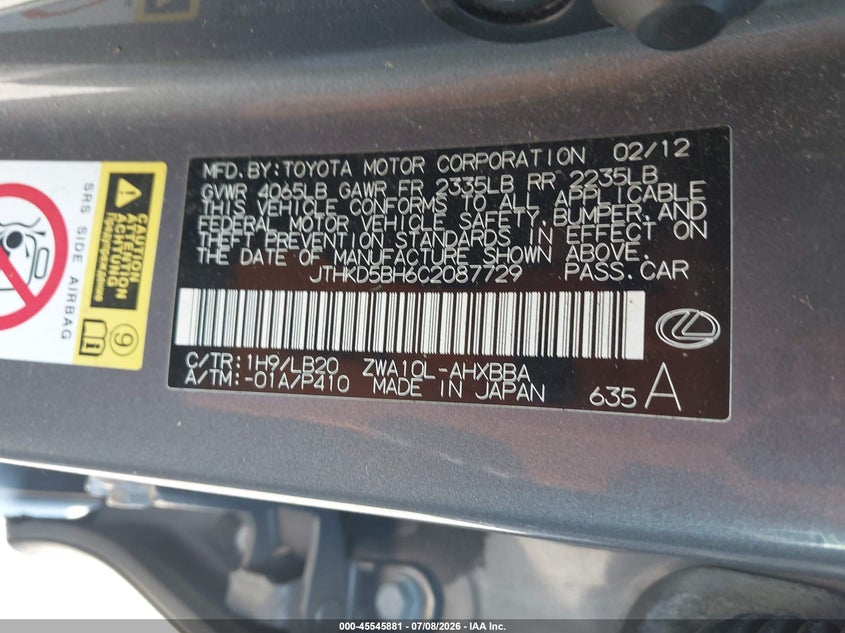 2012 Lexus Ct VIN JTHKD5BH6C2087729 IAAI salvage auction — ALL OVER, Salvage (Kansas), sold $1,650 on 2026-08-02 (photo 9)
