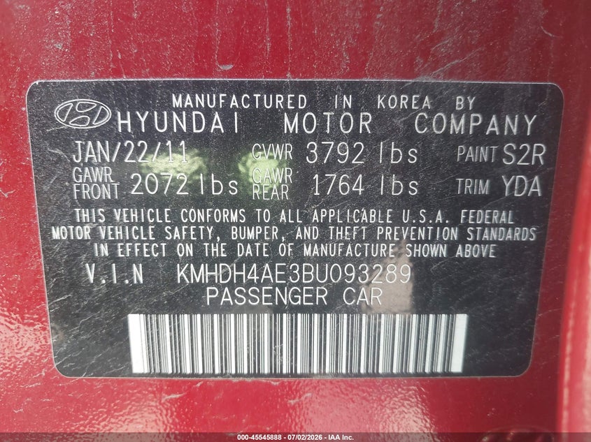 2011 Hyundai Elantra VIN KMHDH4AE3BU093289 IAAI salvage auction — NORMAL WEAR, Clear (Maryland), sold $750 on 2026-07-07 (photo 9)