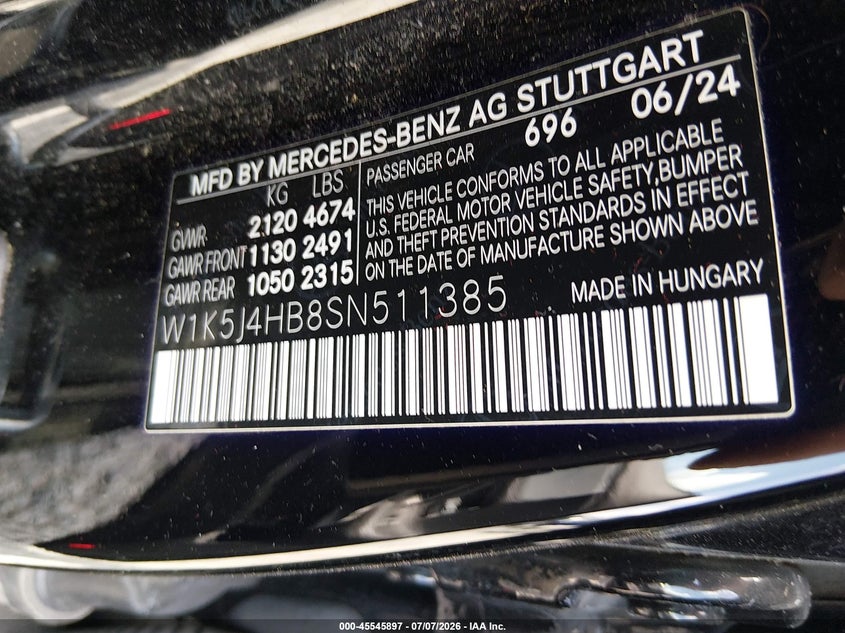 2025 Mercedes-benz Cla-class VIN W1K5J4HB8SN511385 IAAI salvage auction — LEFT SIDE, Enterprise Vehicles Clear Only (Kentucky), sold $14,750 on 2026-07-08 (photo 9)
