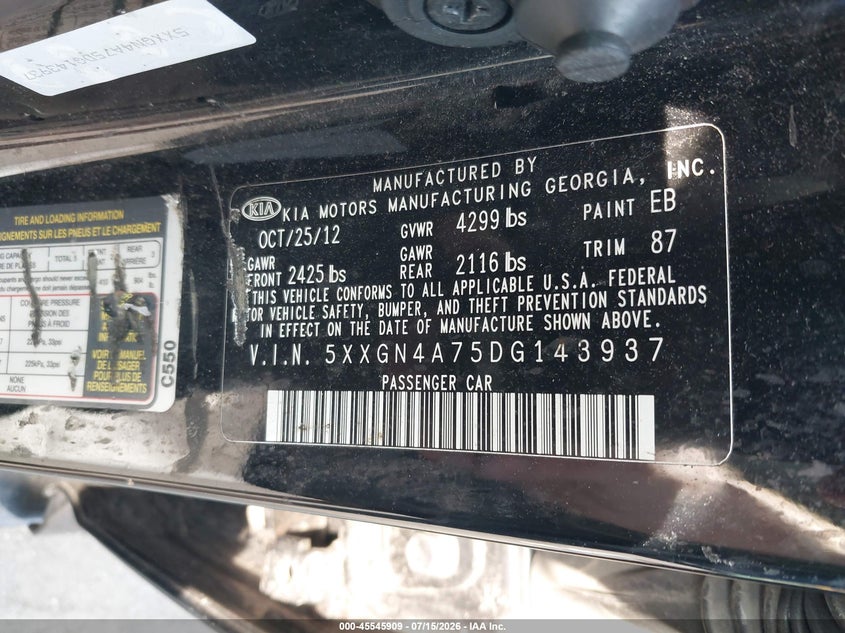 2013 Kia Optima VIN 5XXGN4A75DG143937 IAAI salvage auction — FRONT END, Salvage (Ohio), sold $25 on 2026-07-28 (photo 9)