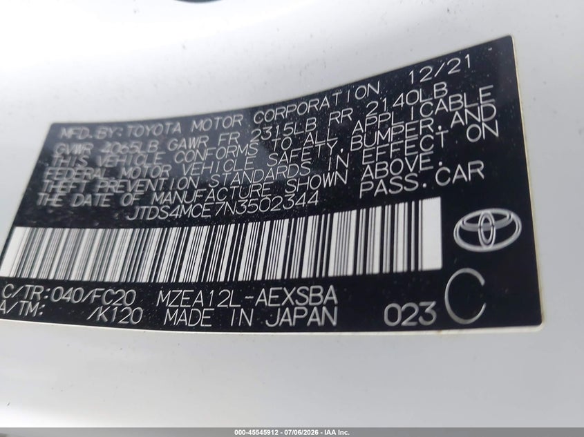 2022 Toyota Corolla VIN JTDS4MCE7N3502344 IAAI salvage auction — FRONT END, Salvage (California), sold $3,850 on 2026-07-28 (photo 9)