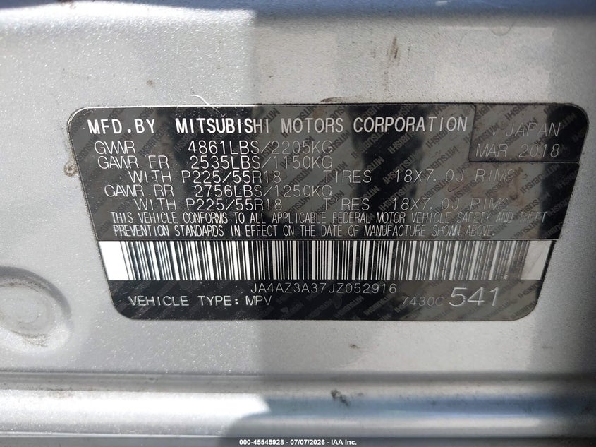 2018 Mitsubishi Outlander VIN JA4AZ3A37JZ052916 IAAI salvage auction — REAR END, Salvage Title, sold $2,325 on 2026-07-29 (photo 9)
