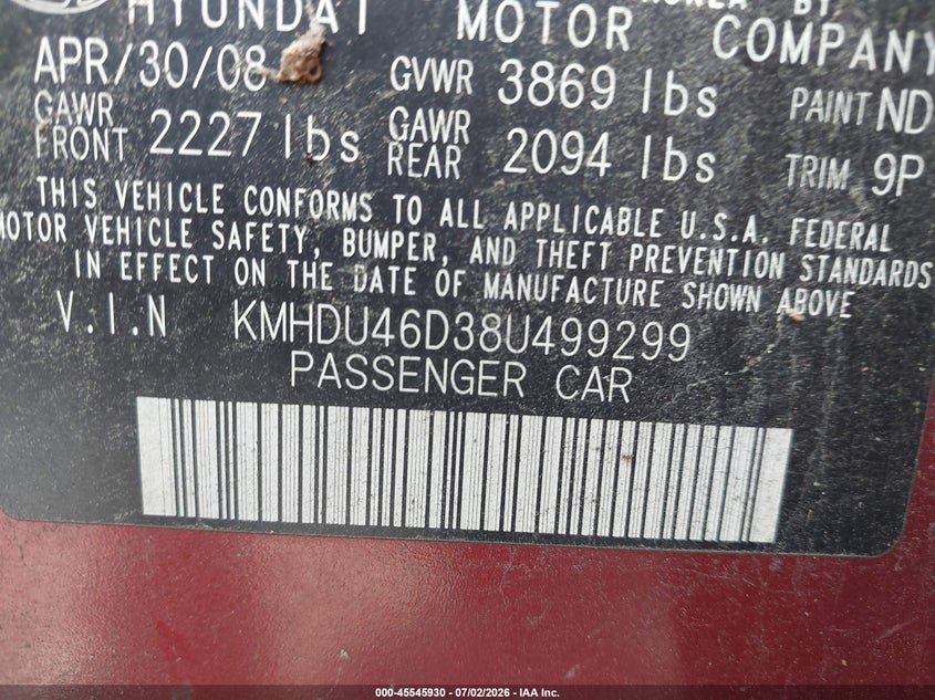 2008 Hyundai Elantra VIN KMHDU46D38U499299 IAAI salvage auction — NORMAL WEAR, Clear (North Carolina), sold $275 on 2026-07-30 (photo 9)