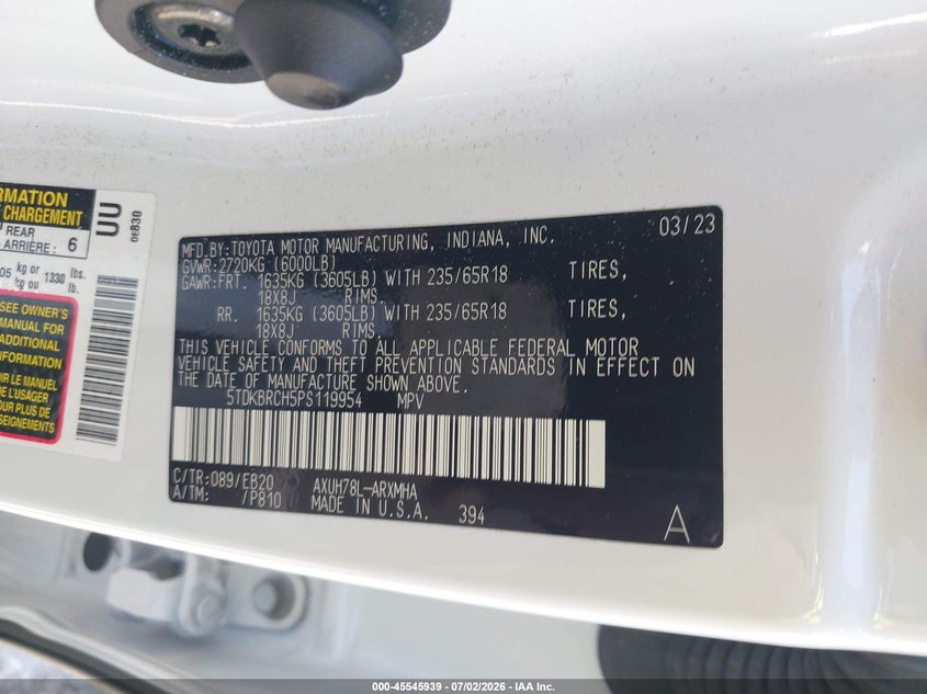 2023 Toyota Highlander VIN 5TDKBRCH5PS119954 IAAI salvage auction — RIGHT REAR, Salvage Title, sold $22,600 on 2026-07-27 (photo 9)