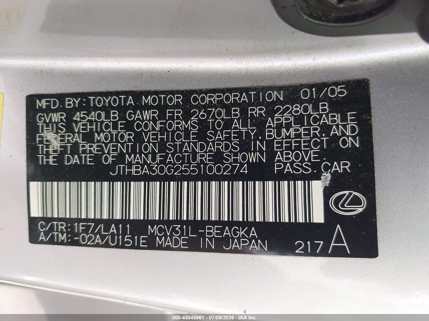 2005 Lexus Es 330 VIN JTHBA30G255100274 IAAI salvage auction — NORMAL WEAR, Clear (Hawaii), sold $400 on 2026-07-28 (photo 9)